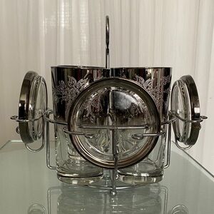 Retro MCM Dorothy Thorpe Bar Silver Glass Holder Set & Coasters MINT Condition